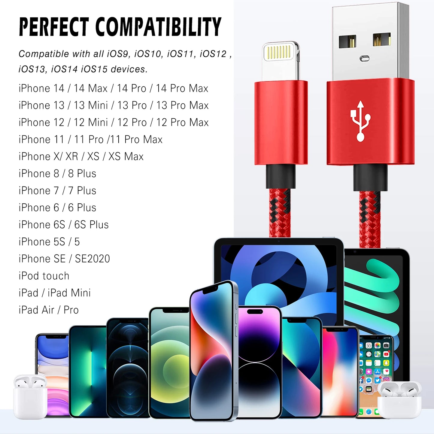 3A USB Cable For iPhone 13 12 11 14 Pro Max XR X XS Max  7 8 Plus iPad iPhone Charger Fast Charging Cord Data Charger Wire 1.2M